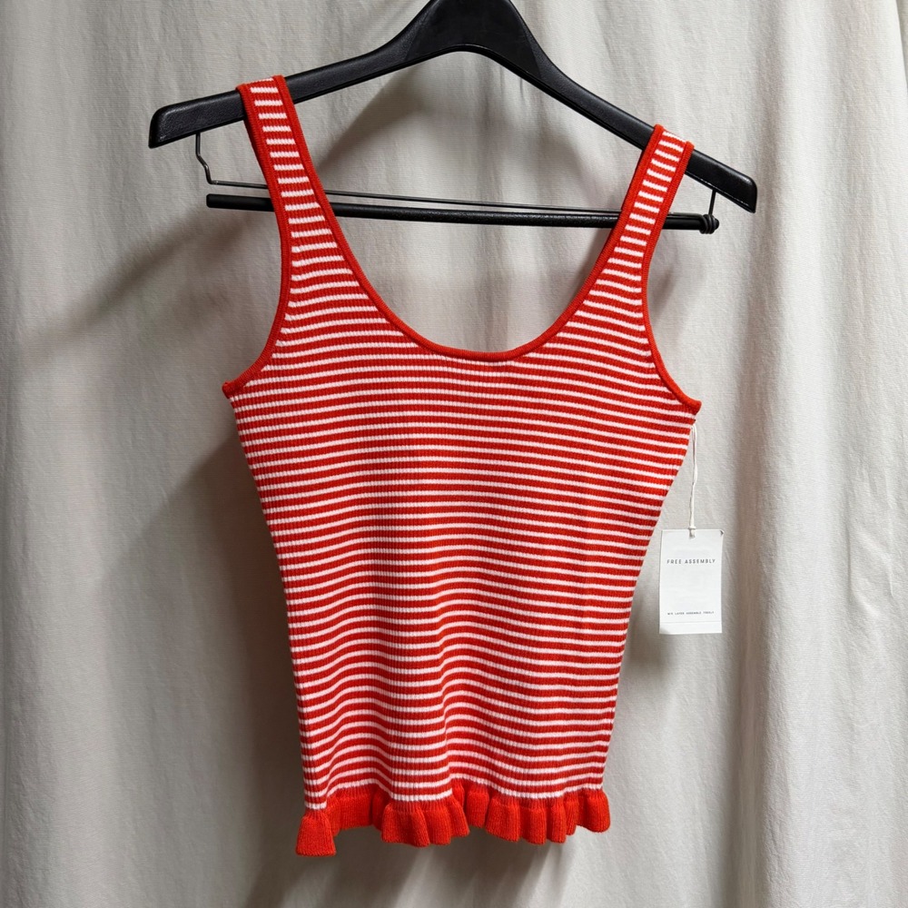 NWT Free Assembly Womens Red White Striped Ruffle Hem Knit Tank Top Small 4-6